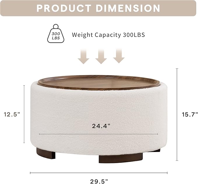 29.5 Inch Round Storage Ottoman Coffee Table, Modern Circle Coffee Table