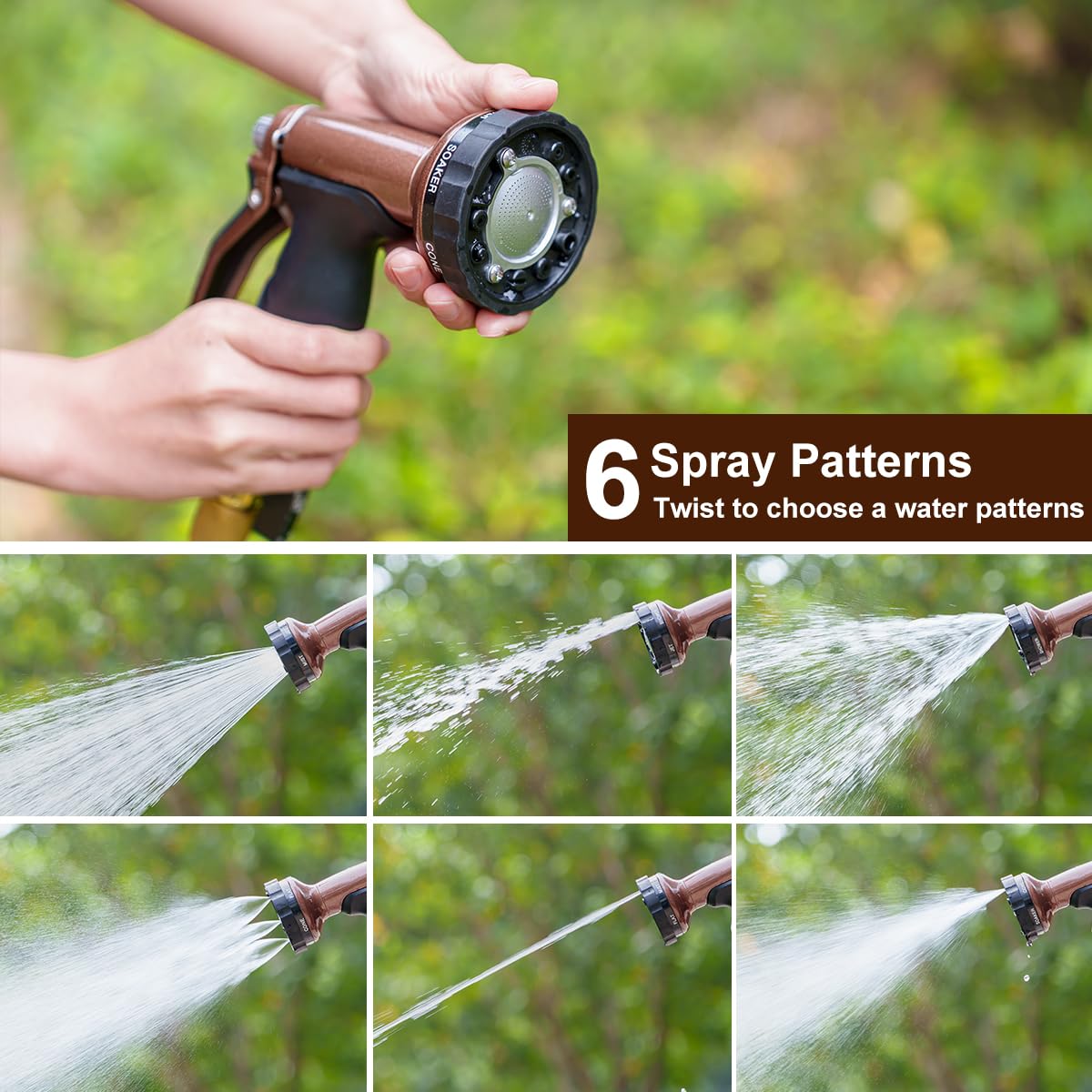 FANHAO Metal Garden Hose Nozzle, Heavy Duty Water Hose Sprayer with 6 Spray Patterns, High Pressure Water Hose Nozzle with Rear Trigger, Ideal for Outdoor Lawn & Plant Watering, Car & Pet Washing