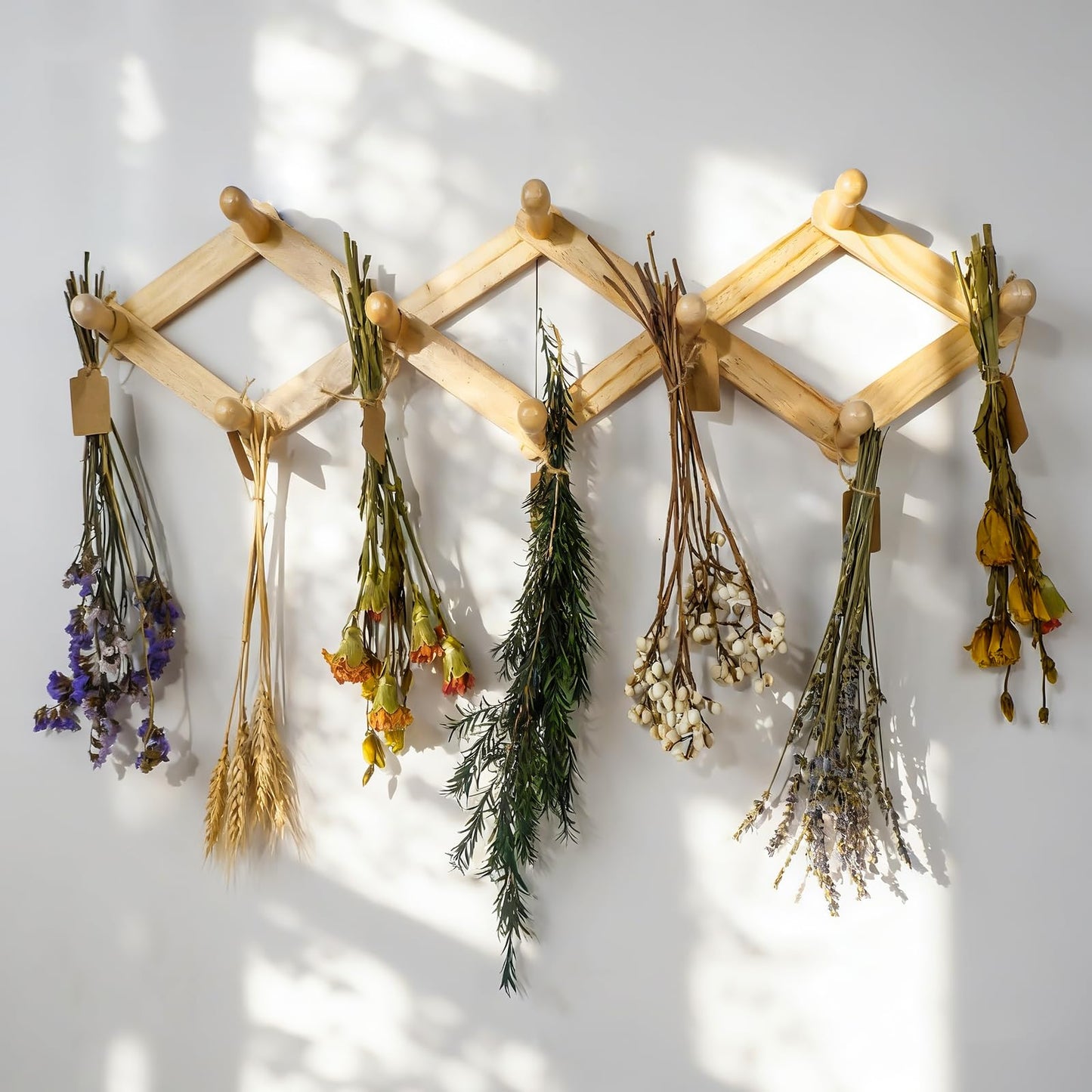 Tnstbiee Rustic Adjustable Hanging Herb Drying Rack-Holds 10 Bouquets, Space-Saving Herb Flower Dryer with Adhesive Wall Hooks for Herb Display Rack,Kitchen Wall Décor-Unusual Gifts for Gardener Woman
