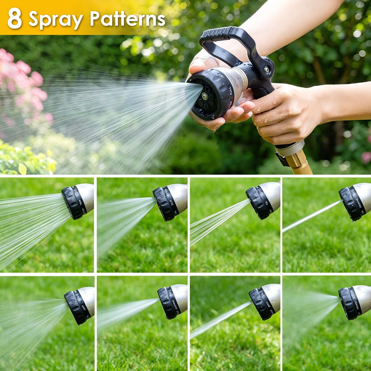 FANHAO Heavy‑Duty Metal Fireman Style Hose Nozzle, High Pressure Garden Water Sprayer with 8 Spray Patterns, Lever Control Ergonomic Grip Garden Sprayer for Lawn, Car Washing & Outdoor Cleaning