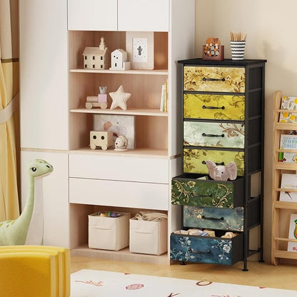 Fixwal Vintage Flower Tall Dresser for Bedroom, Storage Dresser Organizer with 7 Fabric Drawers, Nightstand Furniture in Closet, Entryway