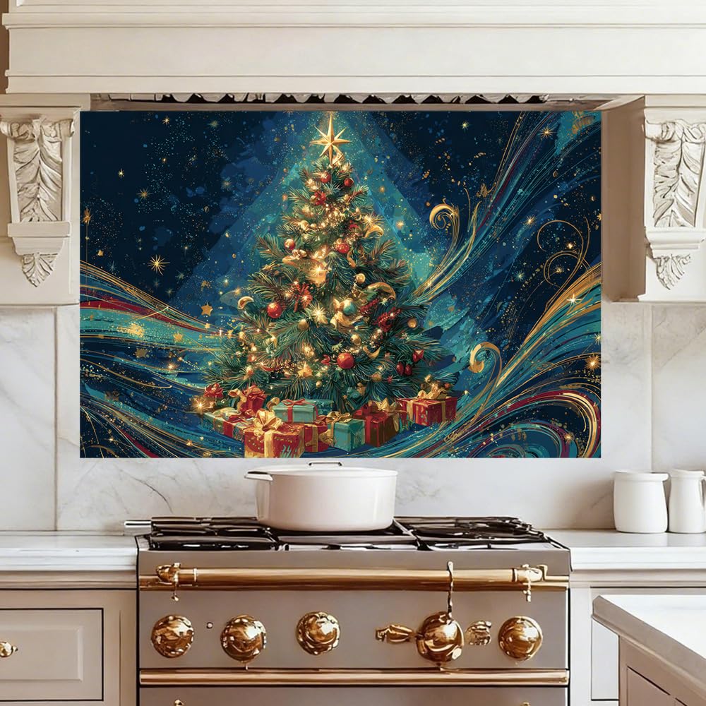 Kitchen Wall Decals 35.5x23.6 Inch Christmas Tree with Ornaments and Gift Boxes Golden Lights Peel and Stick Wall Stickers for Kitchen Living Room Holiday Home Decoration Removable