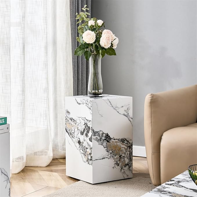 End Table, Side Table Living Room Table, Faux Marble Sofa Couch White Bedside