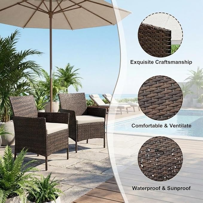 3PCS Outdoor Patio Bistro Set, PE Rattan Wicker Armchairs