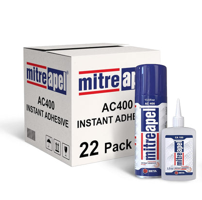 MITREAPEL Super CA Glue (22 x 3.5 oz) with Spray Adhesive Activator (22x13.5 fl oz) Cyanoacrylate CA Glue with Accelerator for Wood, Plastic, Metal, Leather, Ceramic, Crafting&Building (22 Pk)