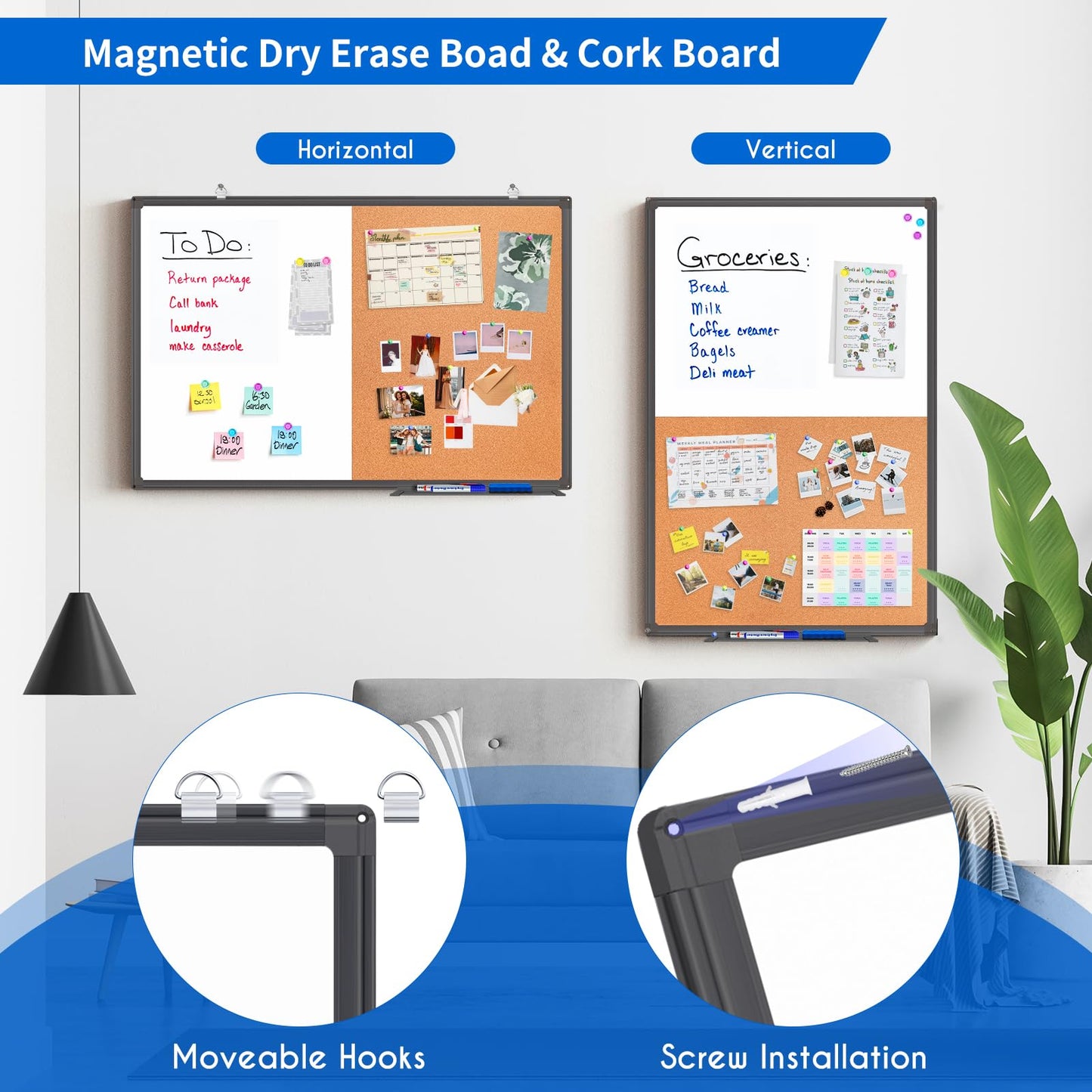 Magnetic White Board and Cork Board Combo, 24 X 18 inches Whiteboard Bulletin Combination Board, Wall Mounted Dry Erase Message Board for Home, School and Office, Black
