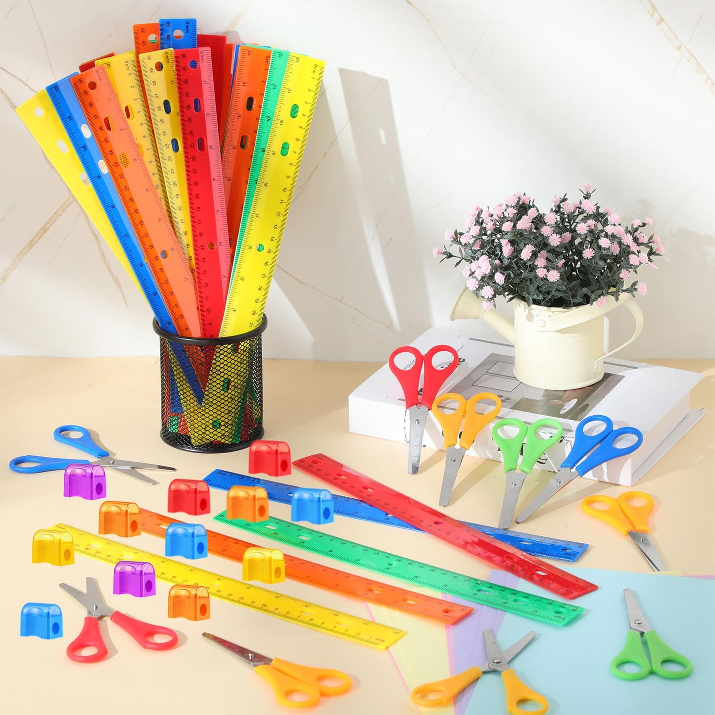 AmazingSpark 108 Pcs Operation Christmas Gifts 36 Clear Plastic Ruler 12 Inch 36 Safety Blunt Tip Student Scissors 36 Miniature Pencil Sharpeners with Cover for Operation Christmas Gifts Bags Stuffers