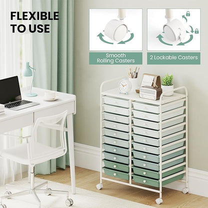 Giantex 20 Drawers Rolling Cart, Mobile Storage Drawer Cart, Classroom Organizer Cart for Office School Supplies Tools Scrapbook Paper Craft Small Printer, Utility Cart on Wheels, Green Gradient