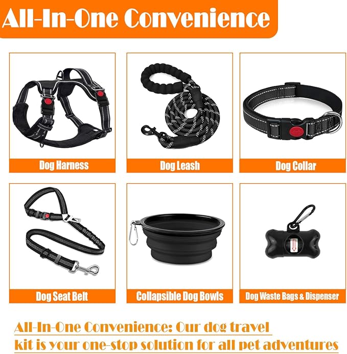 LOBEVE No Pull Dog Harness, Collar & Leash Set | Includes Dog Seat Belt, Collapsible Bowls & Poop Bag Dispenser. Ideal for Training, Walking, Hiking. Fits Small to Large Dogs(Black-L)