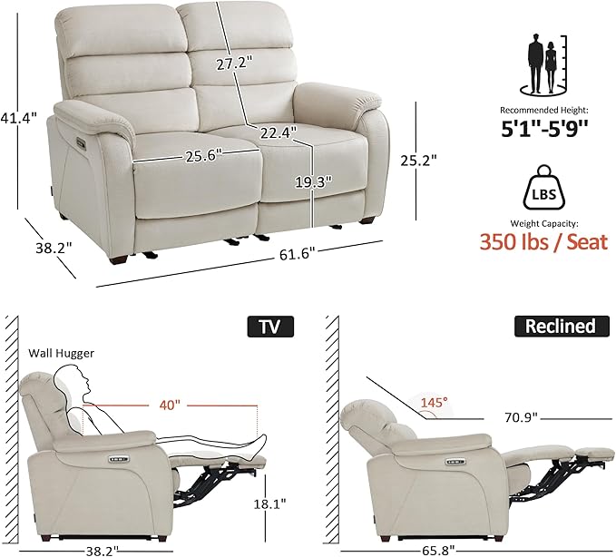 MCombo 61.6'' Wall Hugger Power Loveseat Recliner, Reclining Loveseat