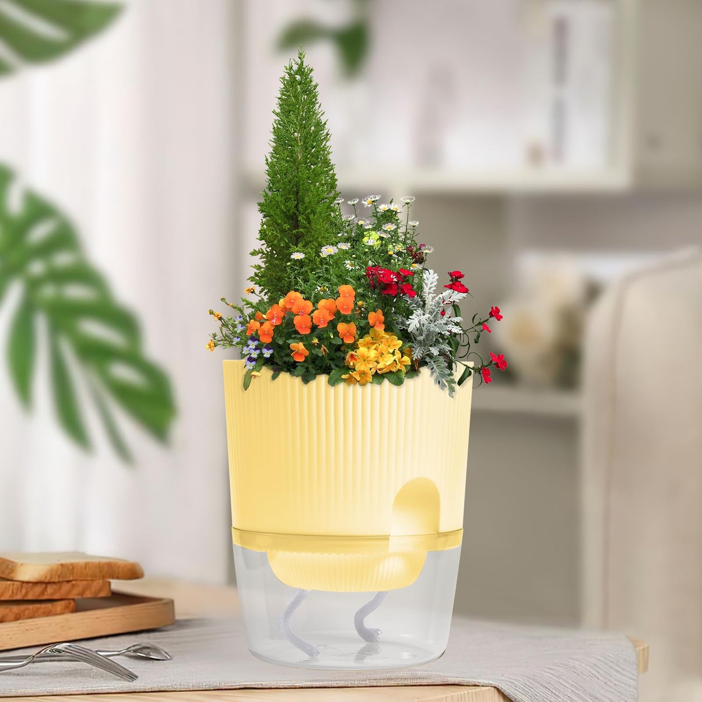Eurysman 3 Pack Self Watering Planter Pots for Indoor Plants - 5.5 Inch African Violet Pots with Wick Rope - Yellow