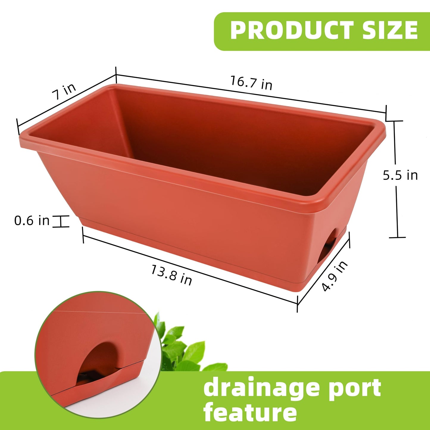 LOCONHA Window Box Planter, Plastic Vegetable Flower Planters Boxes 17 Inches Rectangular Flower Pots with Saucers for Indoor Outdoor Garden, Patio, Home Decor (7, Brick Red)