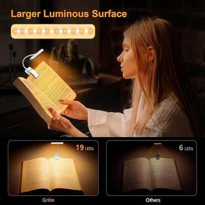 Gritin 19 LED Rechargeable Book Light for Reading in Bed with Memory Function- Eye Caring 3 Color Temperatures,Stepless Dimming Brightness,80 Hrs Runtime Clip on Light for Book Lovers-White