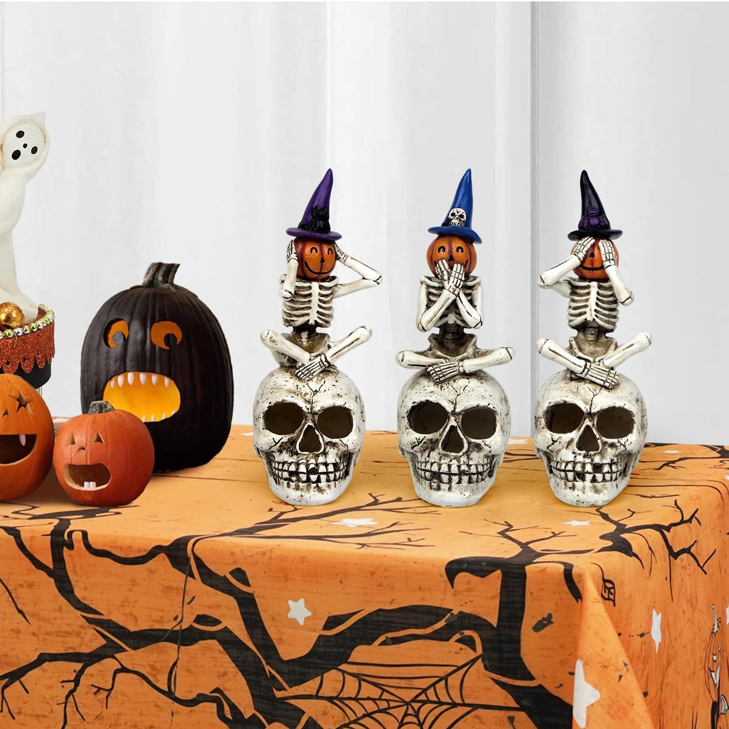Mrlikale Halloween Skeleton Statue Set of 3, Witch Hat Pumpkin Skeleton Figurines with Skull Base Gothic Decoration for Tabletop, Home, Party