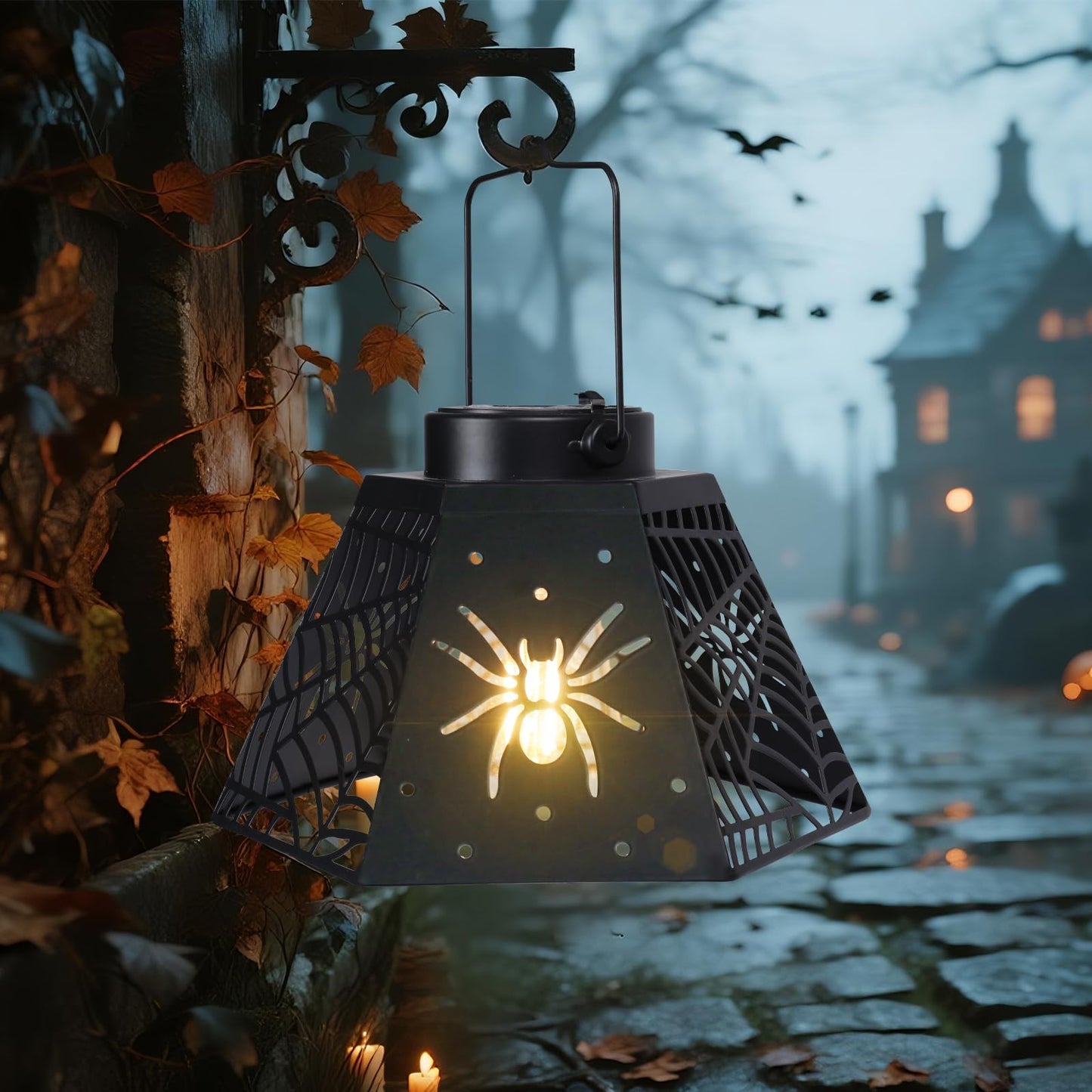 2 Pack Halloween Solar Lantern with Spider Web Design, Outdoor Hanging LED Light for Yard Patio Garden, Waterproof Metal Decorative Lamp for Halloween Decor