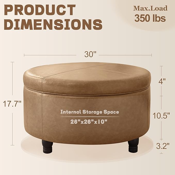 30-Inch Round Storage Ottoman, Modern Ottoman Coffee Table