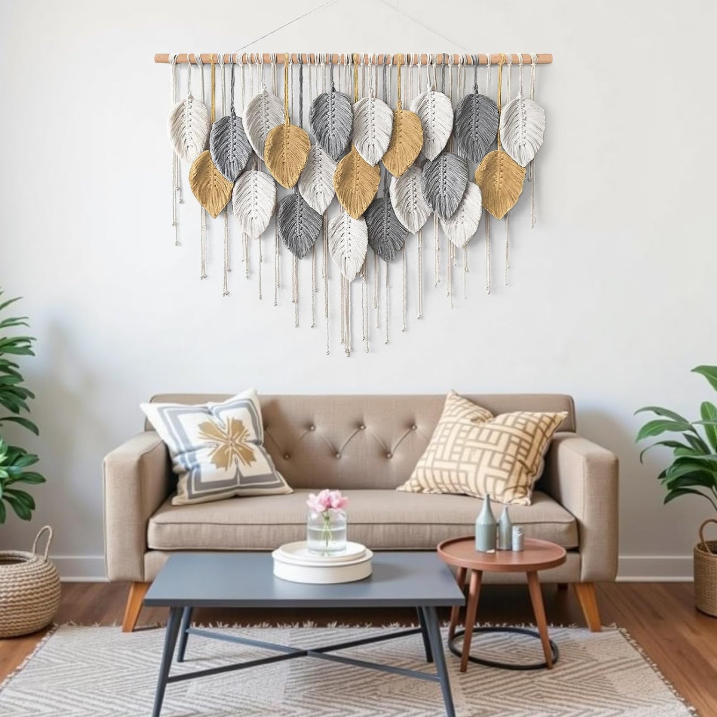 KHOYIME Large Macrame Wall Hanging Boho Woven Tapestry, Chic Modern Home Decor Bohemian Farmhouse Handmade Leaf Feather Wall Art Decorations for Living Room Bedroom Nursery Dorm Backdrop 39"W X 29.5"L