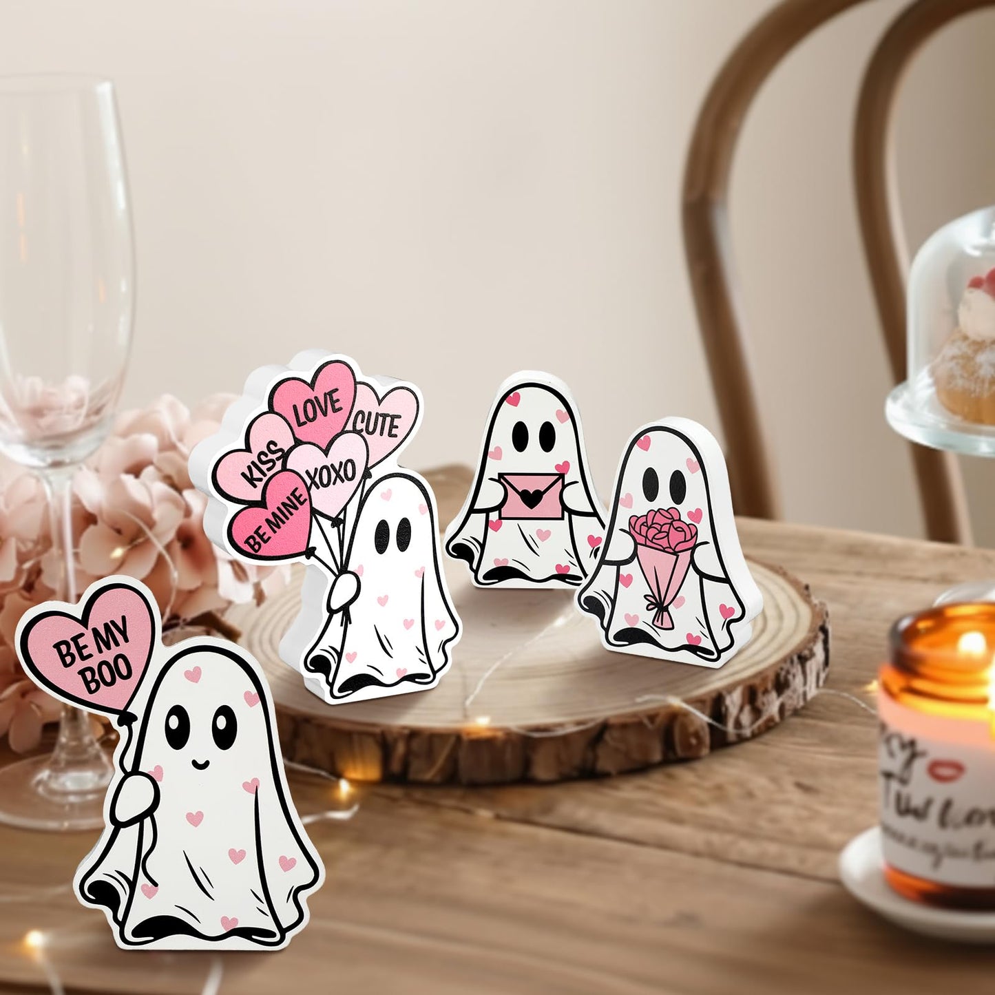 Novabright 4 Pcs Valentines Day Ghost Table Decorations Wooden Pink Heart Horror Valentines Decor Cute Ghost Boo Tiered Tray Decor Wood Centerpieces Signs Tabletop for Home Office Party Love Gifts