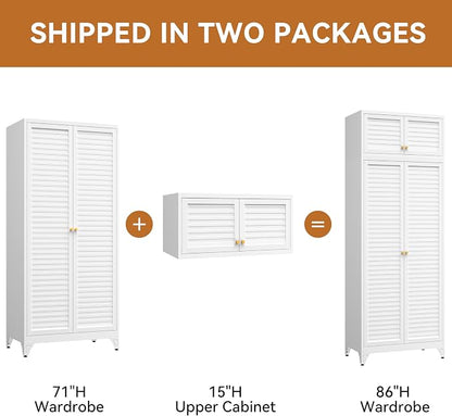 Polup Metal Armoire Wardrobe Closet, 86" Tall Wardrobe Armoire with Hanging Rod, Almirah for Clothes with Doors, 18" D x 32" W x 86" H, White, Assemble Required, Shipped in Two Packages