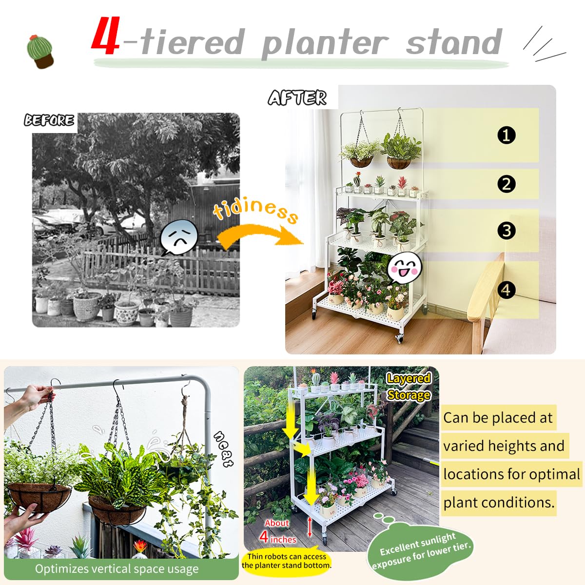 lumizone Foldable 4-Tier Plant Stand Indoor Outdoor Hanging Plant Shelf No Assembly Required Pot Placement Area With Wheels Sturdy Fall Prevention Storage Shelf Flower Pot Stand(4 Tier-Black)