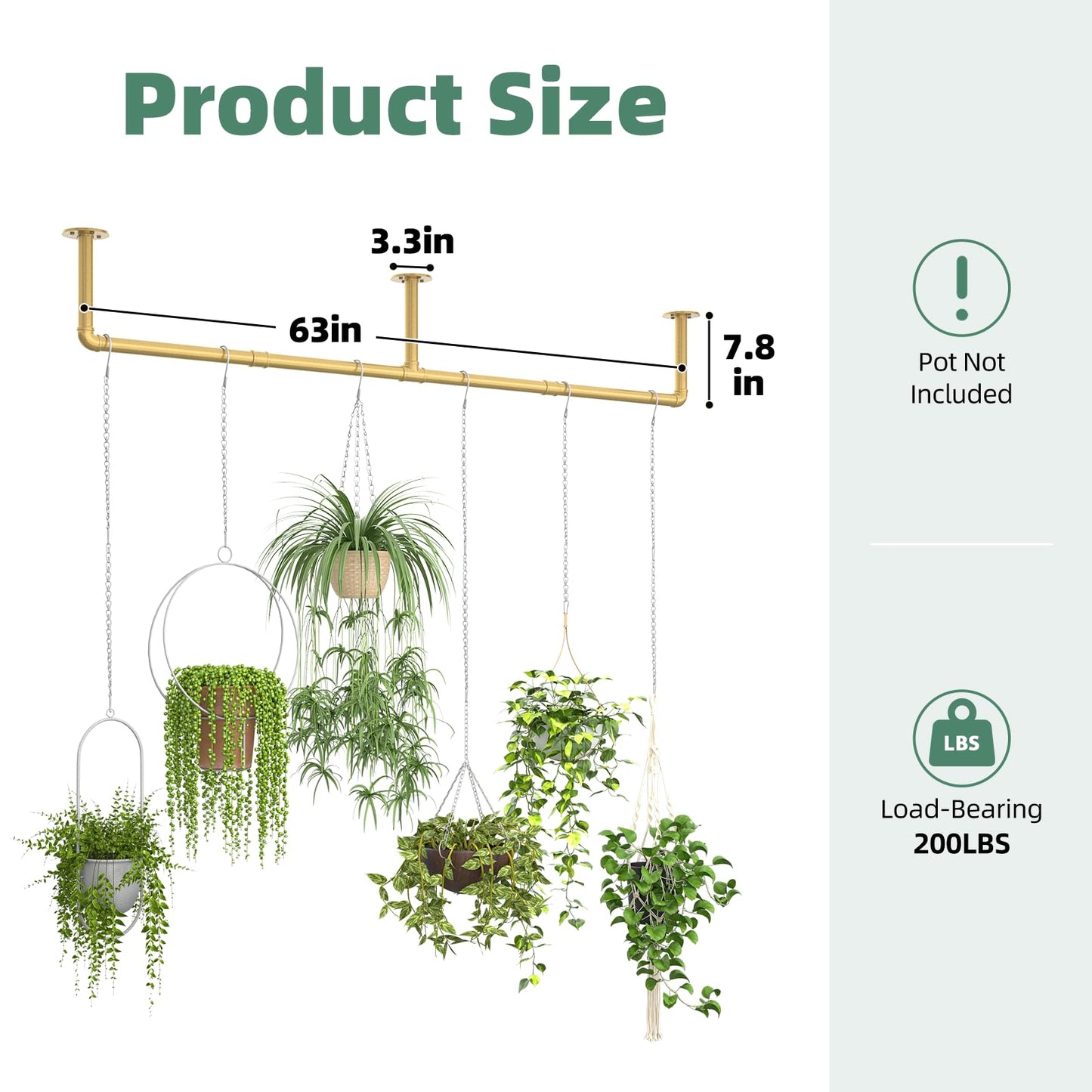 Plant Hanger Indoor Hanging Planters for Indoor Plants Hanging Plant Holder Window Plant Rod Gold Metal Shelves 63 Inch (Pot/Chains not Included