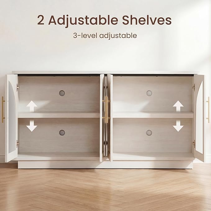 Fatmok 59" Buffet Cabinet with Glass Doors, Modern Arched Sideboard with Large