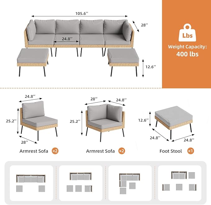 Aoxun 6-Piece Patio Furniture Set, Wicker Outdoor Furniture