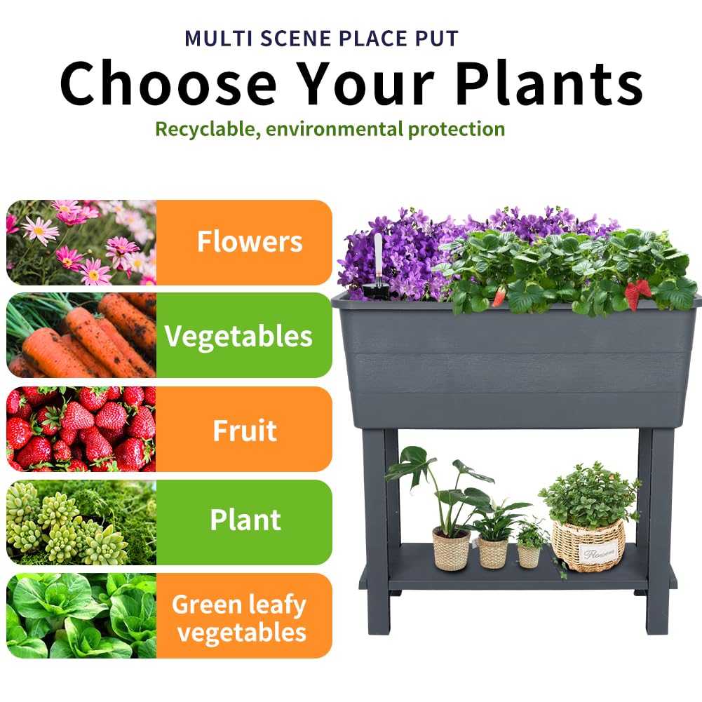 Megawodar 3 Pcs Self Watering Elevated Raised Garden Bed, Large Outdoor Plastic Planter Box Big Flower Plant Pot for Planting Flowers Vegetables and Herbs (3, Dark Grey)