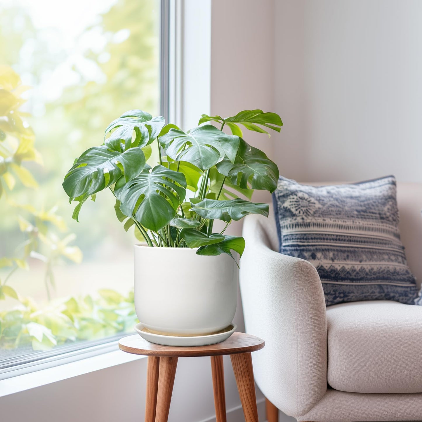 SUNPOTFOR Ceramic Plant Pot - Modern 8 Inch Round Planter for Indoor Outdoor Plants with Drainage Hole and Saucer, Home House Room Office Decor, White