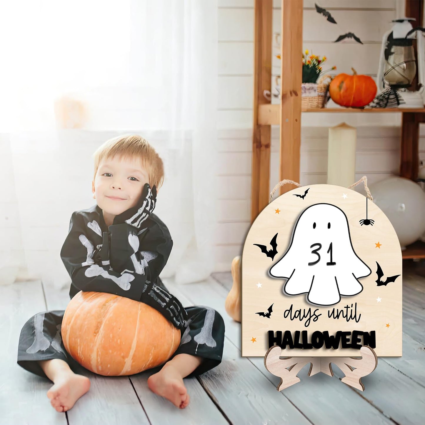 Reusable Days Until Halloween Dry Erase Board Sign for Kids Activities, Halloween Countdown Advent Wall Tabletop Decor Home Classroom Sign, Ghost Theme Decorations Indoor Tiered Tray (Marker Included)