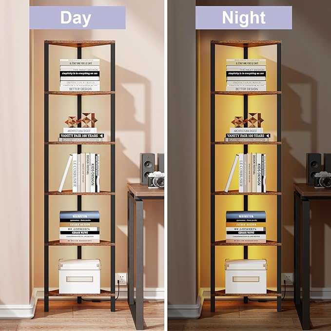 TUTOTAK Corner Shelf with LED Light, 6-Tier Corner Bookshelf