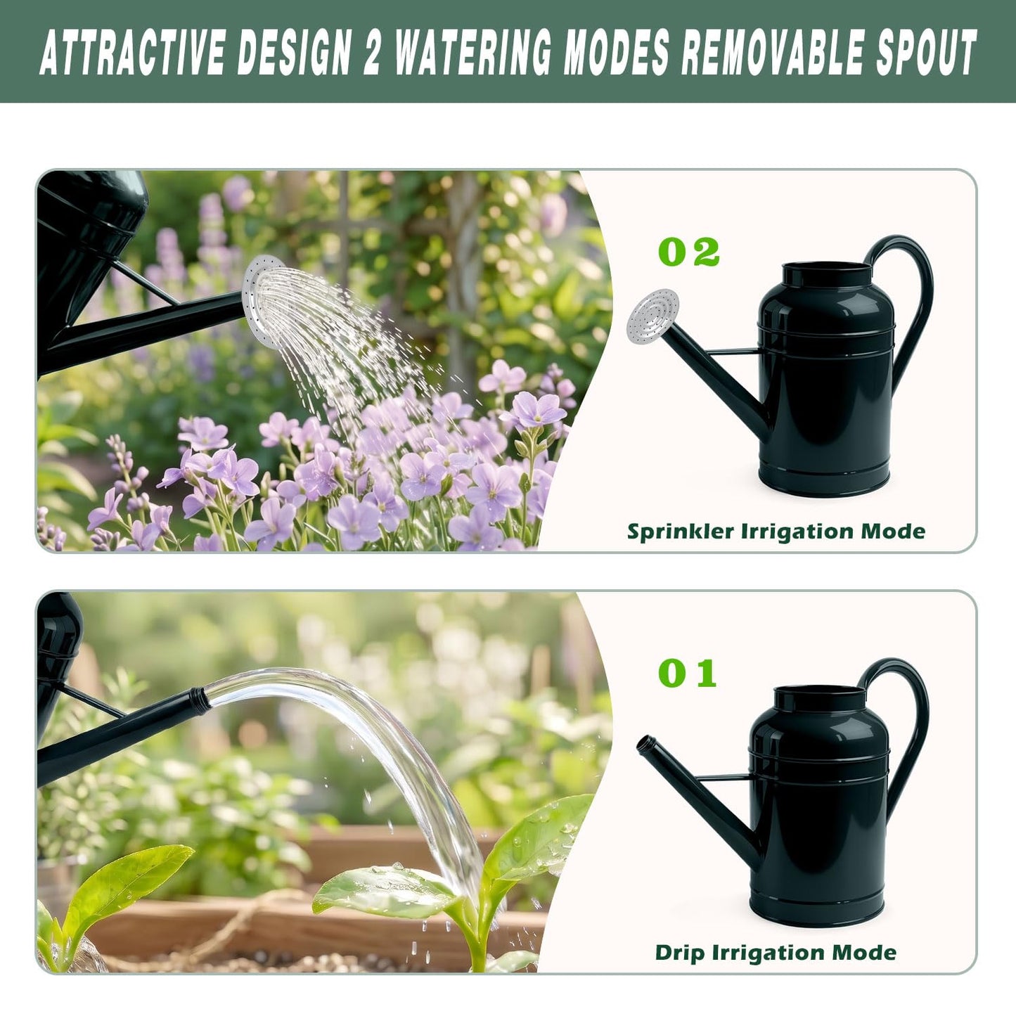 LONGRUN 2.3 Gallon Dark Green Metal Watering Can for Plants and Garden with Removable Spout, Made of Galvanized Iron