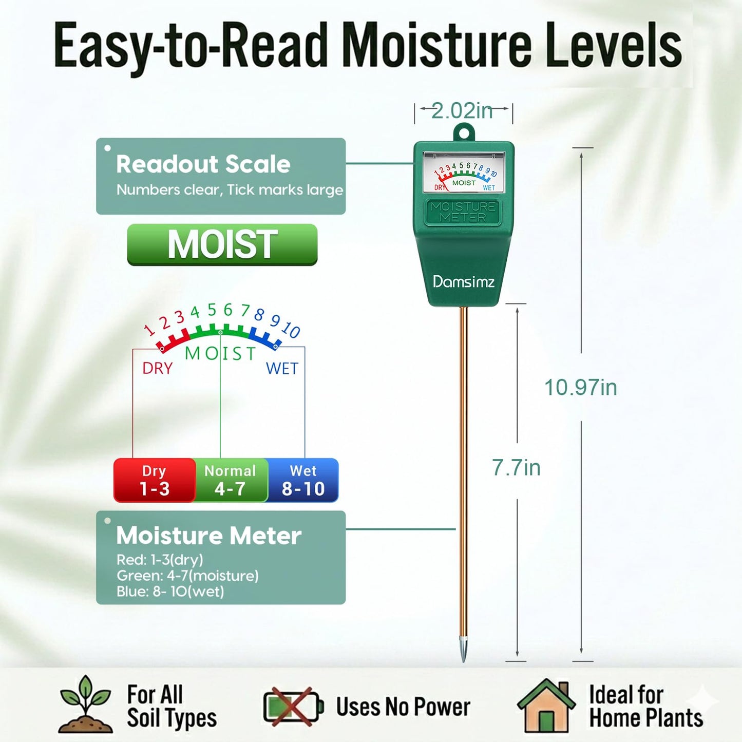 Damsimz 2 Packs Soil Moisture Meter for House Plants, Plant Water Meter, Plant Moisture Meter Soil Tester, Hydrometer for Plants Care, Gardening, Indoor and Outdoor Plants, No Battery Needed