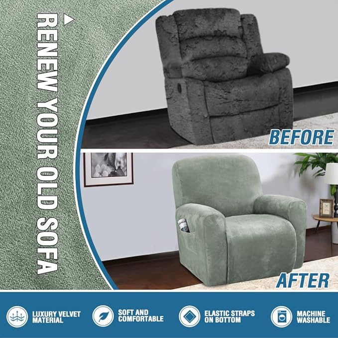 H.VERSAILTEX 4-Pieces Recliner Chair Covers Velvet Stretch Reclining Couch