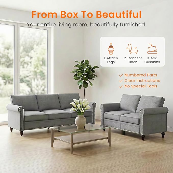 Living Room Sofa Sets 2 Piece, Modern 3 Seater Sofa and Loveseat Couch Sets