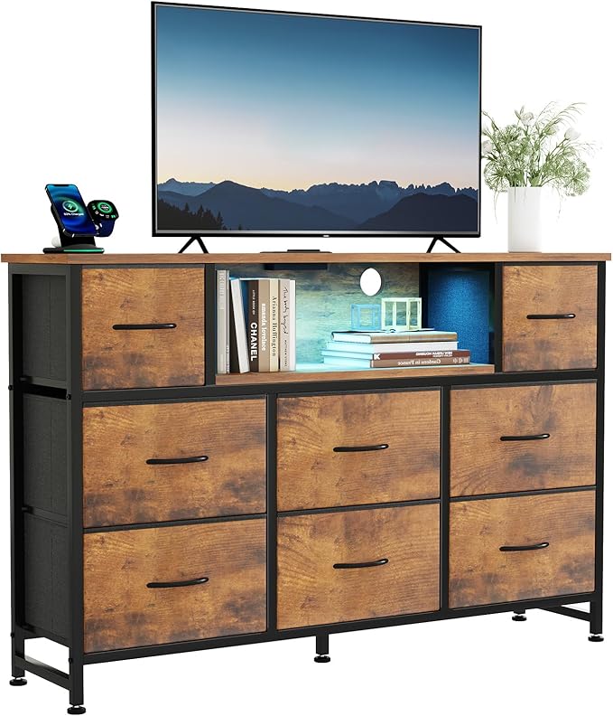 DUMOS TV Stand Dresser with 8 Fabric Drawers and Open Shelves, LED