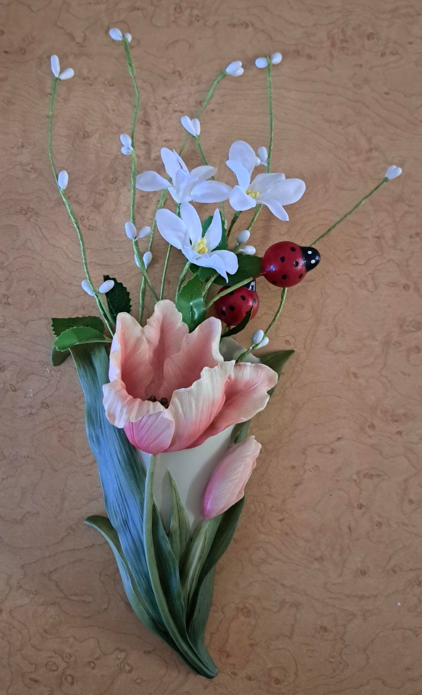 Pink Tulip Wall Vase Planter, Hand-Painted Bonded Marble, 7 x 3.5 Inch, Waterproof Pot, Indoor Floral Sculpture, Flat Wall Mounted Vase for Flowers Caddy for Glasses or Rosary from SassyXpressions