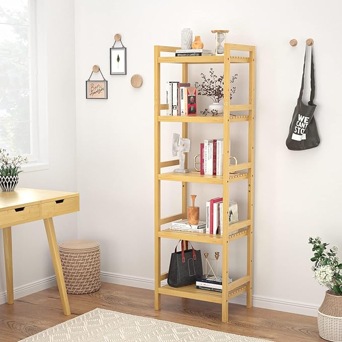 Homykic Bamboo Bookshelf, 5-Tier Narrow 55.9” Adjustable Book Shelf Bookcase
