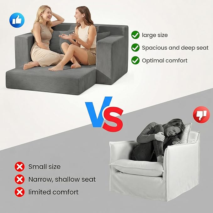 Convertible 5 in 1 Futon Sofa Bed Full Size, Corduroy Boneless Couch Sleeper