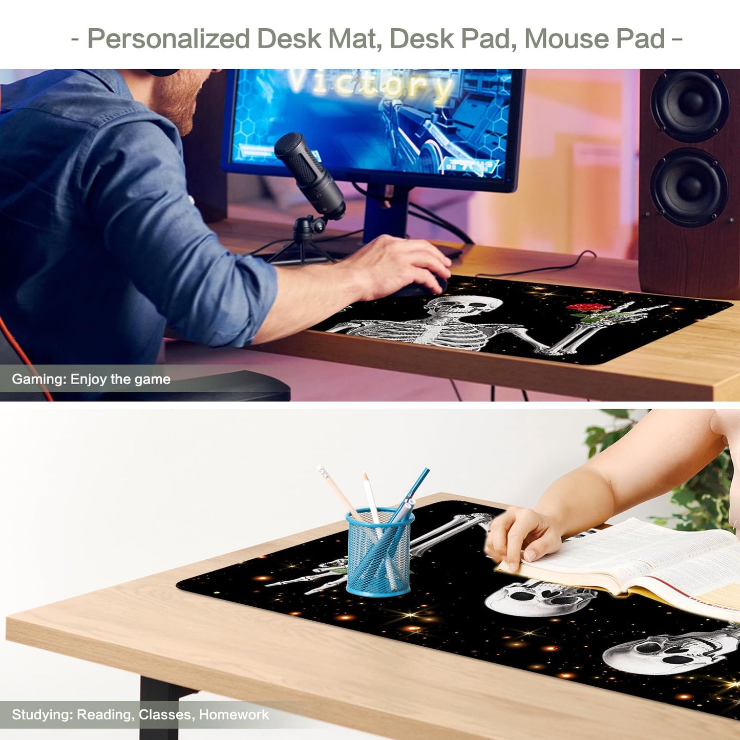 Love, Roses and Skulls Mouse Pad Desk Mat, Waterproof Black XXL Extended Large Gaming Mouse Pad Halloween Skull Rose Desk Pad Mousepad XXL Extended Keyboard Mat Mouse Mat, 31.5 x 15.7 in