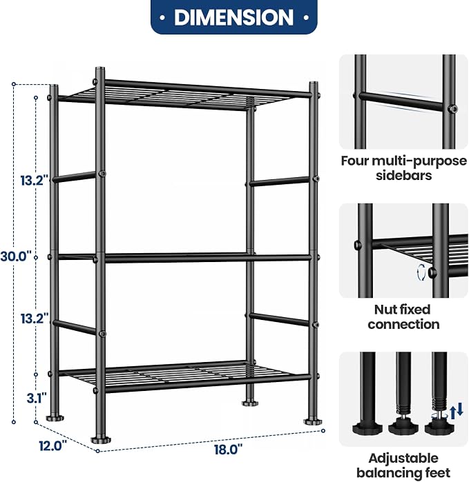 Abiglifty Storage Shelves, 3-Tier Metal Shelving, Wire Shelving with Adjustable Leveling Feet, Shelf Organizer for Bathroom, Closet, Garage