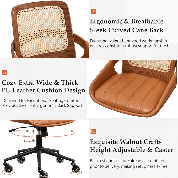 Home Office Desk Chair with Ergonomic Rattan Backrest, Walnut Crafts, Curved