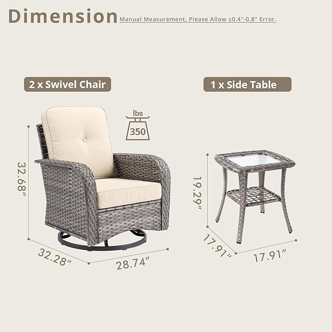 Weaxty Outdoor Swivel Rocker Patio Chairs, 3 Pieces Patio Furniture Set