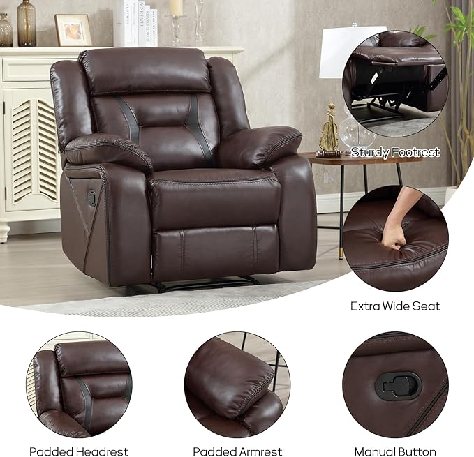 EBELLO Faux Leather Manual Recliner Chair, Modern Design Single Reclining Sofa