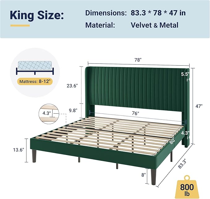Allewie King Size Bed Frame/Velvet Upholstered Platform Bed/Vertical Channel