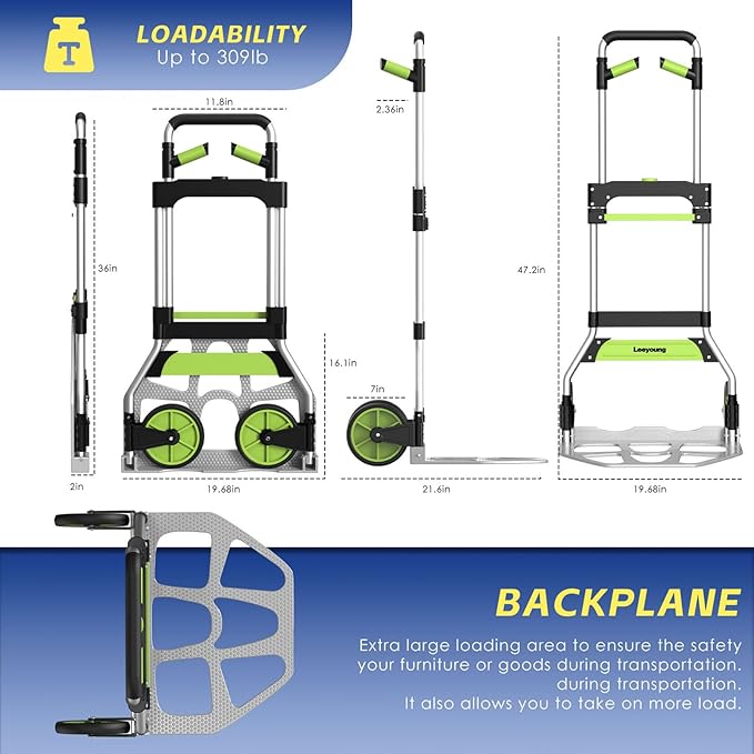 Leeyoung Folding Hand Truck and Dolly, 309 lb Capacity Aluminum Portable Cart