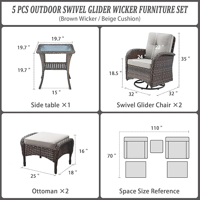 Belord 5 Piece Swivel Rocker Glider Outdoor Chairs Set of 2