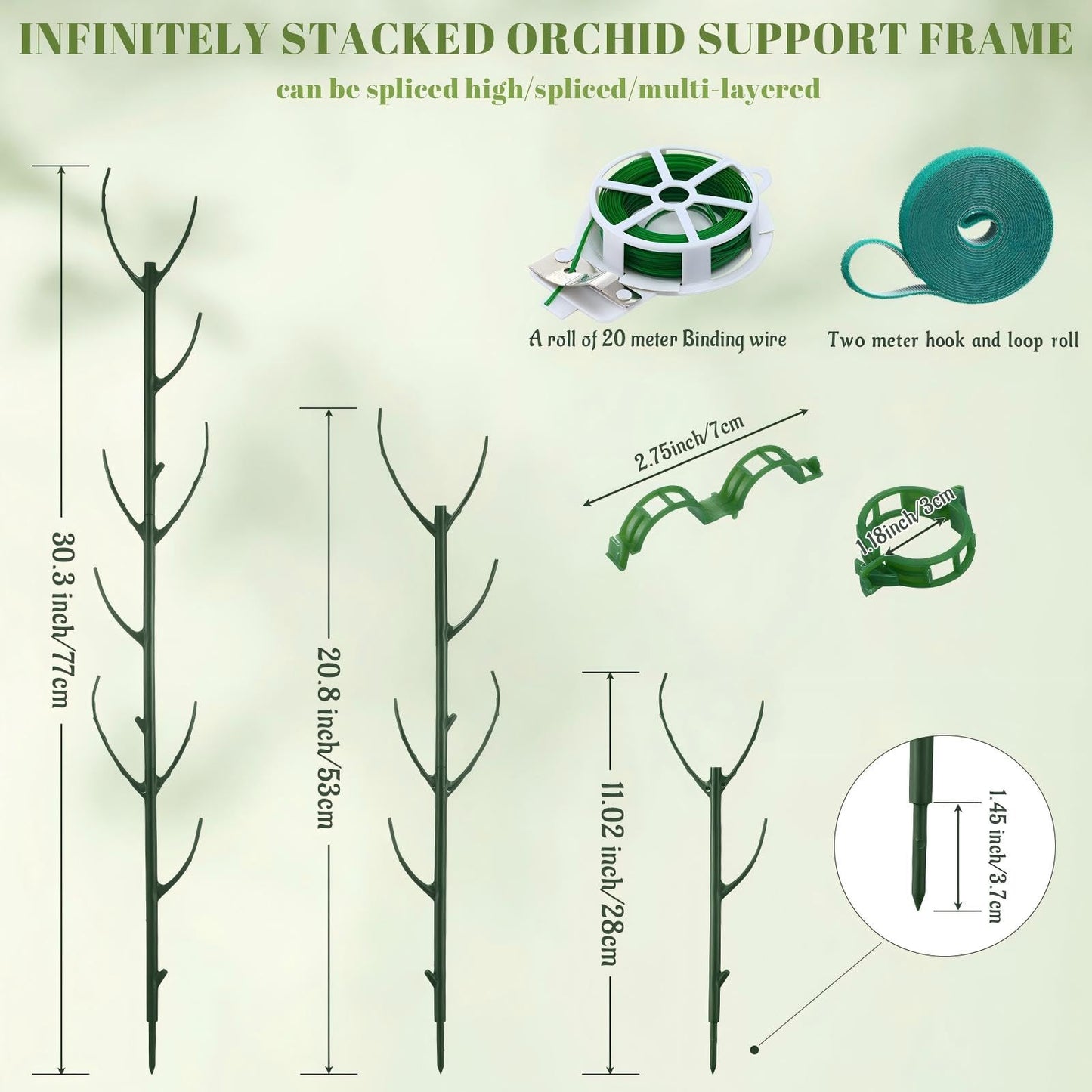 BrightRow 12 Pcs Stackable Plant Support Stakes with 1 Roll 2 M Stickers, 1 Roll 20 Cable Ties, 10 Clips, Stackable Plant Support Stakes for Indoor Outdoor Plants Potted Monstera Climbing Plants