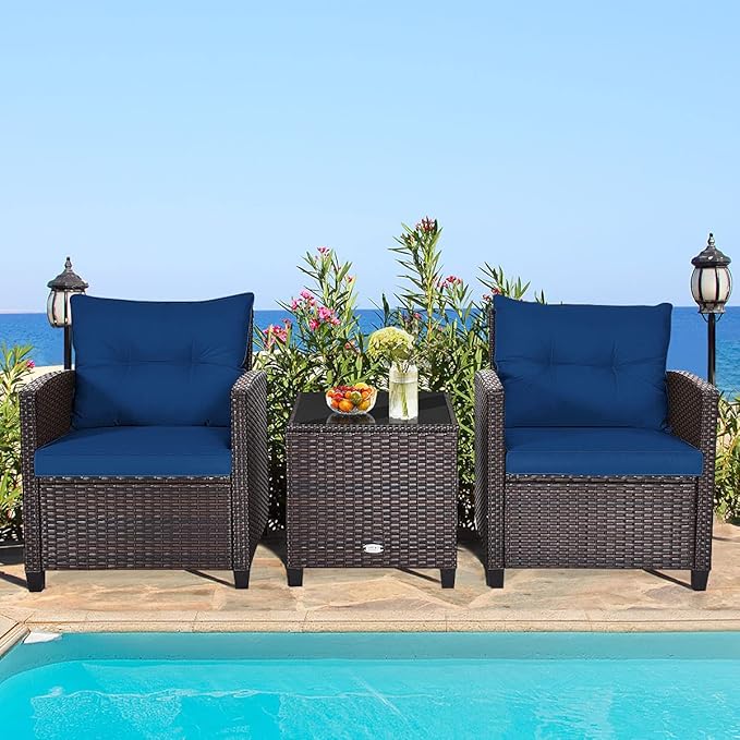 HAPPYGRILL 3 Pieces Patio Conversation Set, Outdoor Furniture Set PE Rattan