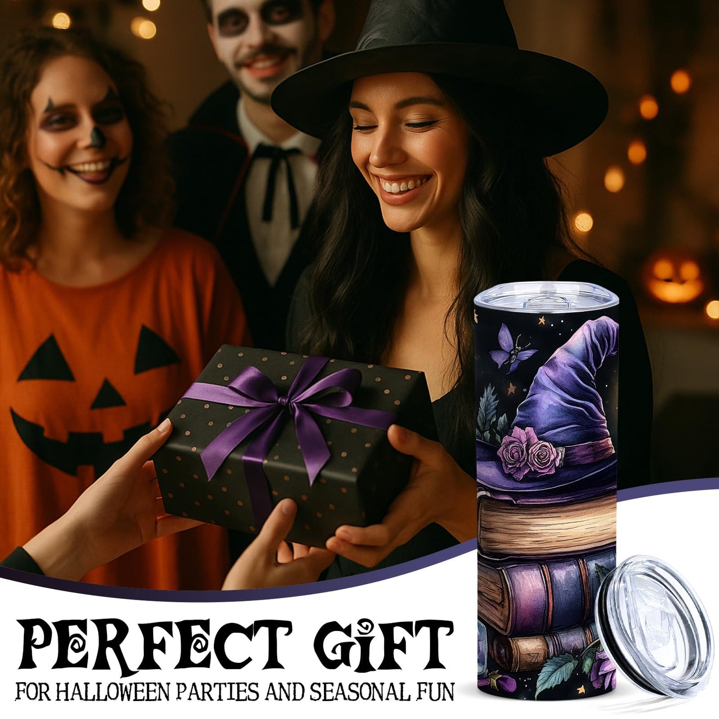 Halloween Witchy Magic 20oz Skinny Tumbler, Gothic Floral Stainless Steel Insulated Travel Mug with Lid, Purple Witch Hat Skull and Book Design, Spooky Gift for Mom Wife Sister Friends